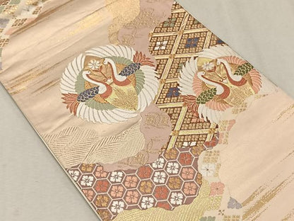 平和屋着物◎西陣 六通柄袋帯 唐織 双鶴吉祥文 金糸 正絹 逸品 CAAX3201qv