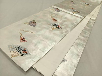 平和屋着物◎六通柄袋帯　唐織　扇花文　金糸　正絹　逸品　CAAX3318qv