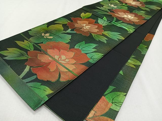 平和屋着物◎六通柄袋帯　枝花文　黒地　正絹　逸品　CAAX3323qv