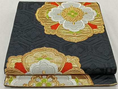 平和屋着物◎六通柄袋帯　唐織　正倉院花文　黒地　金銀糸　正絹　逸品　CAAX3383qv