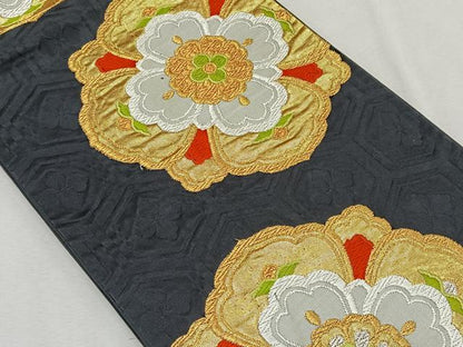 平和屋着物◎六通柄袋帯　唐織　正倉院花文　黒地　金銀糸　正絹　逸品　CAAX3383qv