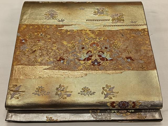 平和屋着物◎六通柄袋帯　みかげ錦　向かい鳥花文　花喰い鳥　金糸　正絹　逸品　CAAX3487qv