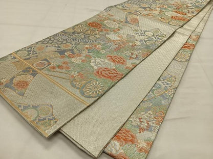 平和屋着物◎宝珠本佐賀錦　六通柄袋帯　束ね熨斗花車文　九百錦　金銀糸　正絹　逸品　CAAX3493qv