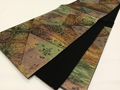 平和屋着物◎六通柄袋帯　ぶろんず　切嵌人物鳥獣文　黒地　金糸　正絹　逸品　CAAX3546qv