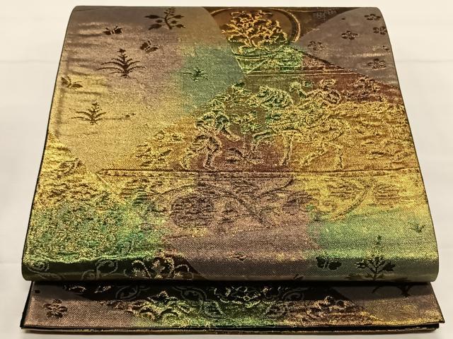 平和屋着物◎六通柄袋帯　ぶろんず　切嵌人物鳥獣文　黒地　金糸　正絹　逸品　CAAX3546qv
