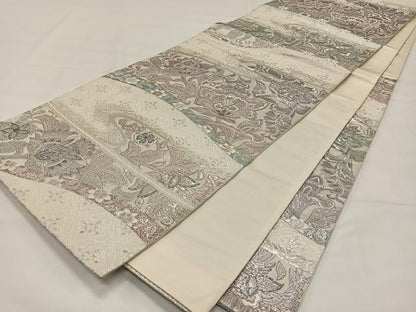 平和屋着物◎六通柄袋帯　更紗花文　銀糸　正絹　逸品　CAAX3570qv