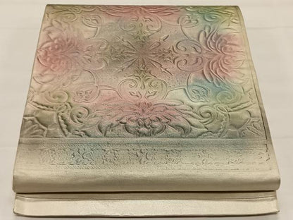 平和屋着物◎太鼓柄袋帯　型押し　更紗花文　正絹　逸品　CAAX3576qv