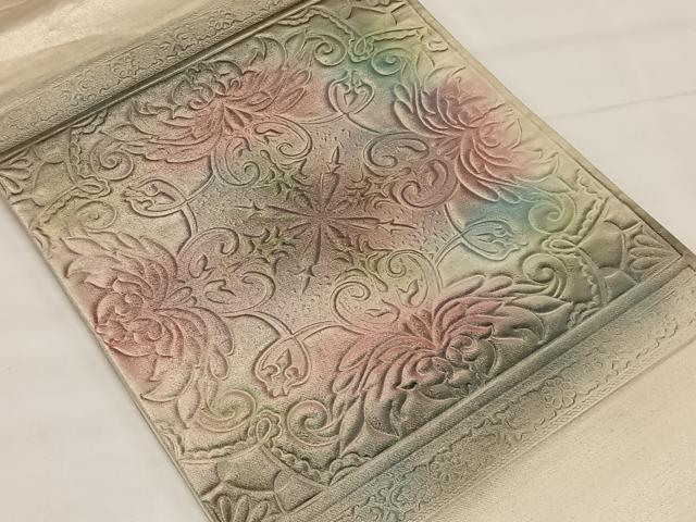 平和屋着物◎太鼓柄袋帯　型押し　更紗花文　正絹　逸品　CAAX3576qv
