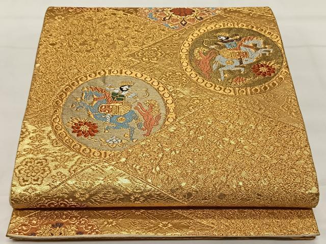 平和屋着物◎六通柄袋帯　唐織　狩猟円文　金糸　正絹　逸品　CAAX3596qv
