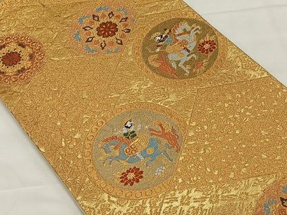 平和屋着物◎六通柄袋帯　唐織　狩猟円文　金糸　正絹　逸品　CAAX3596qv
