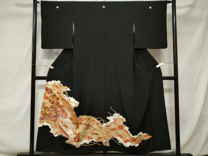 平和屋着物■豪華黒留袖　駒刺繍　檜扇花文　金彩　正絹　逸品　CAAX3689ev