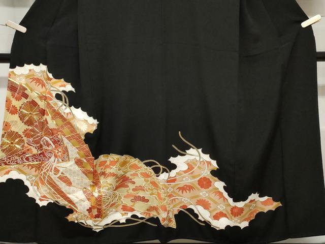 平和屋着物■豪華黒留袖　駒刺繍　檜扇花文　金彩　正絹　逸品　CAAX3689ev