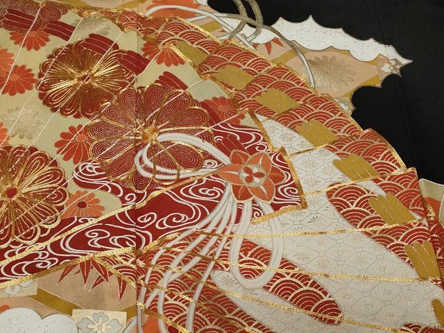 平和屋着物■豪華黒留袖　駒刺繍　檜扇花文　金彩　正絹　逸品　CAAX3689ev