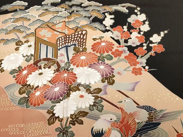平和屋着物■豪華黒留袖 鴛鴦御所車花文 金彩 正絹 逸品 CAAX3910ev