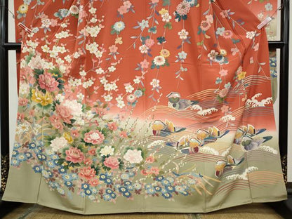 平和屋着物●豪華振袖　友禅　作家物　鴛鴦枝花文　暈し染め　正絹　逸品　CAAX4448ut