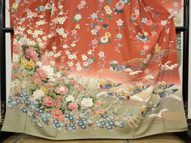 平和屋着物●豪華振袖　友禅　作家物　鴛鴦枝花文　暈し染め　正絹　逸品　CAAX4448ut
