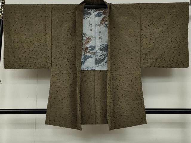 平和屋着物●男性 紬・髭紬羽織セット 鶸茶色 正絹 逸品 CAAX4538ut