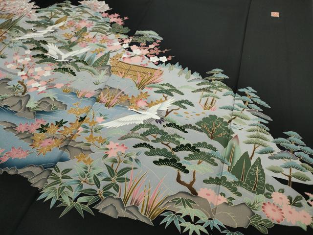 平和屋着物●豪華黒留袖 友禅 作家物 飛鳥草花文 正絹 逸品 CAAX4667ut