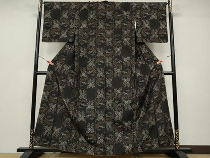 平和屋着物●上質な紬　市松草花文　正絹　逸品　CAAX4683ut