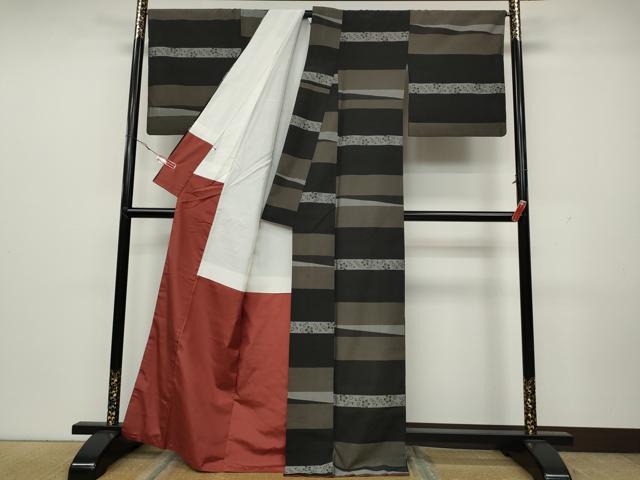 平和屋着物●上質な紬 横段花唐草文 正絹 逸品 CAAX4707ut
