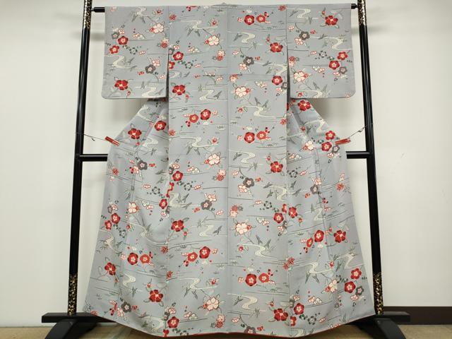 平和屋着物●上質な小紋　型染め　流水枝花文　鬼しぼ縮緬　正絹　逸品　CAAX4752ut