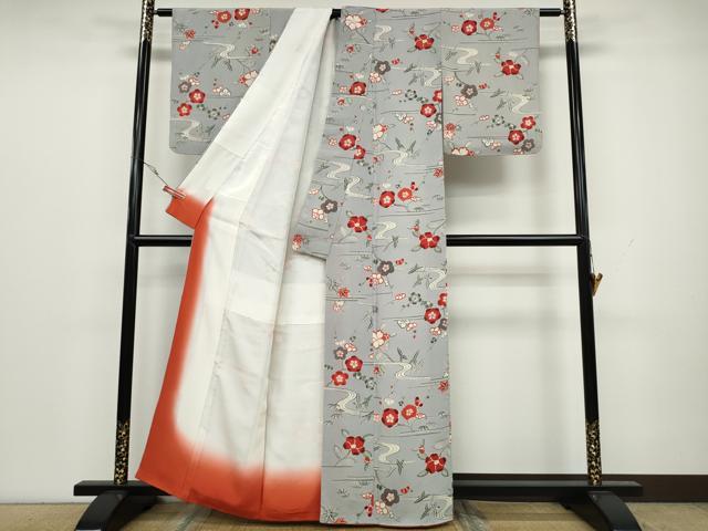 平和屋着物●上質な小紋　型染め　流水枝花文　鬼しぼ縮緬　正絹　逸品　CAAX4752ut