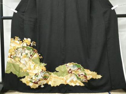 平和屋着物■豪華黒留袖　駒刺繍　桧扇花鳥文　金銀糸　正絹　逸品　CAAX4991th