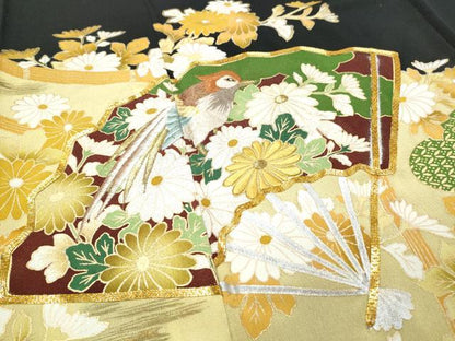 平和屋着物■豪華黒留袖　駒刺繍　桧扇花鳥文　金銀糸　正絹　逸品　CAAX4991th