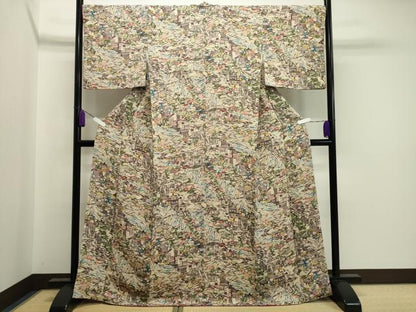 平和屋着物●上質な小紋 型染め 風景文 鬼しぼ縮緬 正絹 逸品 CAAX5686gh