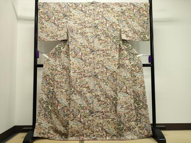 平和屋着物●上質な小紋 型染め 風景文 鬼しぼ縮緬 正絹 逸品 CAAX5686gh