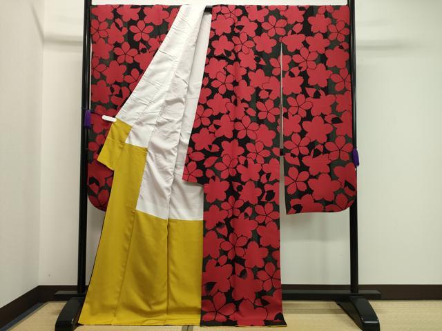 平和屋着物●豪華振袖　刺繍　舞桜文　黒地　正絹　逸品　CAAX5770gh