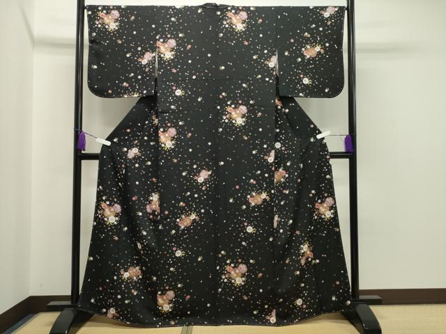平和屋着物●上質な小紋　雪輪重ね舞梅文　黒地　金彩　鈴乃屋扱い　正絹　逸品　未使用　CAAX5802gh