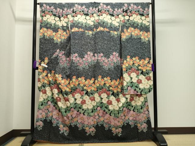 平和屋着物●豪華振袖　作家物　草花文　黒地　金彩　正絹　逸品　CAAX5844gh