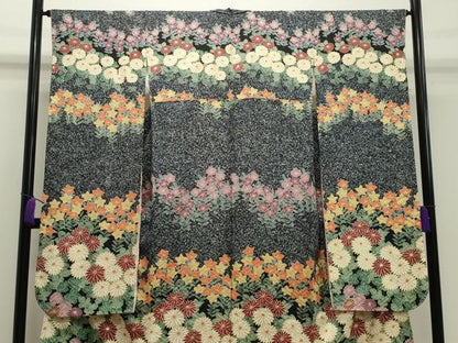 平和屋着物●豪華振袖　作家物　草花文　黒地　金彩　正絹　逸品　CAAX5844gh
