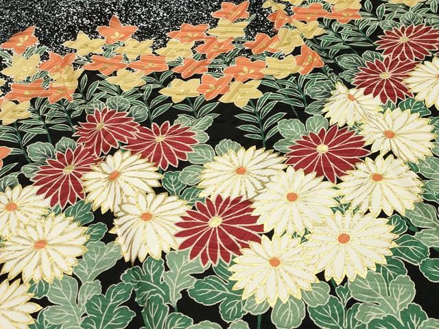 平和屋着物●豪華振袖　作家物　草花文　黒地　金彩　正絹　逸品　CAAX5844gh