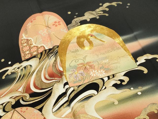 平和屋着物●豪華黒留袖　駒刺繍　立波飛鶴花文　暈し染め　金銀彩　正絹　逸品　CAAX5855gh