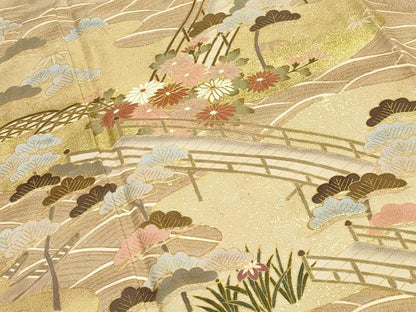 平和屋着物●訪問着 駒刺繍 渡り橋松花文 金彩 正絹 逸品 未使用 CAAX5866gh