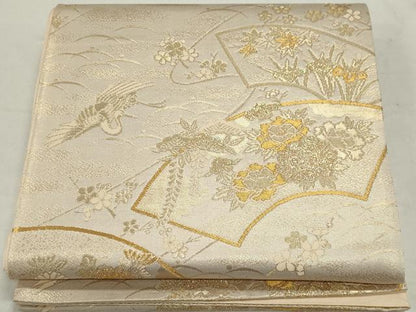 平和屋着物◎六通柄袋帯 地紙飛鶴花文 銀糸 ラメ糸 正絹 逸品 CAAX6795ou