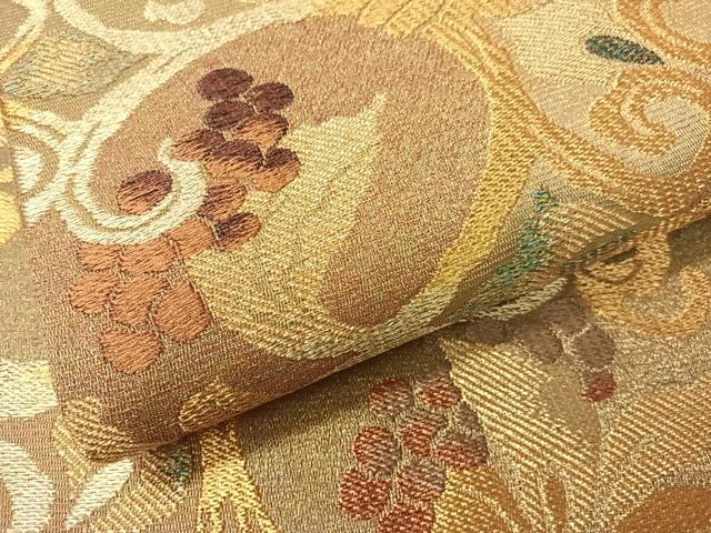 平和屋着物▽創業280年 誉田屋源兵衛 スリーシーズン 春夏秋 六通柄袋帯 葡萄唐草文 純金 正絹 24ｋ 逸品 未使用 CAAX6832vp