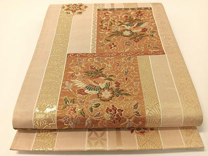 平和屋着物▼六通柄袋帯 色紙花喰い鳥 金糸 正絹 逸品 CAAX6961vp