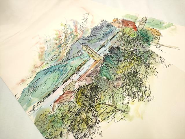 平和屋着物●塩瀬　九寸名古屋帯　手描き　風景草木文　正絹　逸品　CAAX7232hy