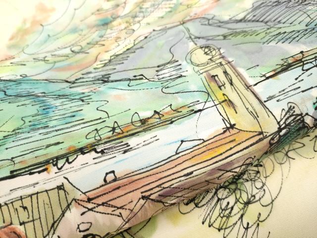 平和屋着物●塩瀬　九寸名古屋帯　手描き　風景草木文　正絹　逸品　CAAX7232hy