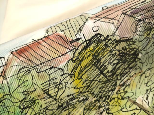 平和屋着物●塩瀬　九寸名古屋帯　手描き　風景草木文　正絹　逸品　CAAX7232hy