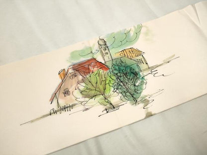 平和屋着物●塩瀬　九寸名古屋帯　手描き　風景草木文　正絹　逸品　CAAX7232hy