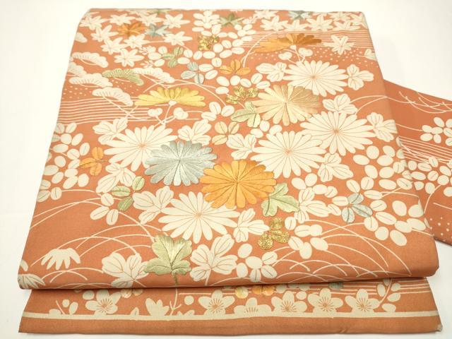 平和屋着物●アンティーク　大正ロマン　九寸名古屋帯　駒刺繍　草花文　正絹　逸品　CAAX7281hy