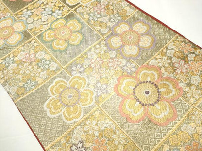 平和屋着物●六通柄袋帯 市松舞桜文 金糸 正絹 逸品 CAAX7324hy
