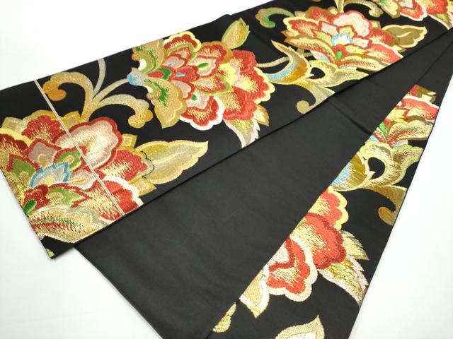 平和屋着物●六通柄　本袋帯　天平唐花錦　黒地　金糸　正絹　逸品　CAAX7329hy