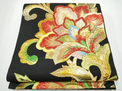 平和屋着物●六通柄　本袋帯　天平唐花錦　黒地　金糸　正絹　逸品　CAAX7329hy