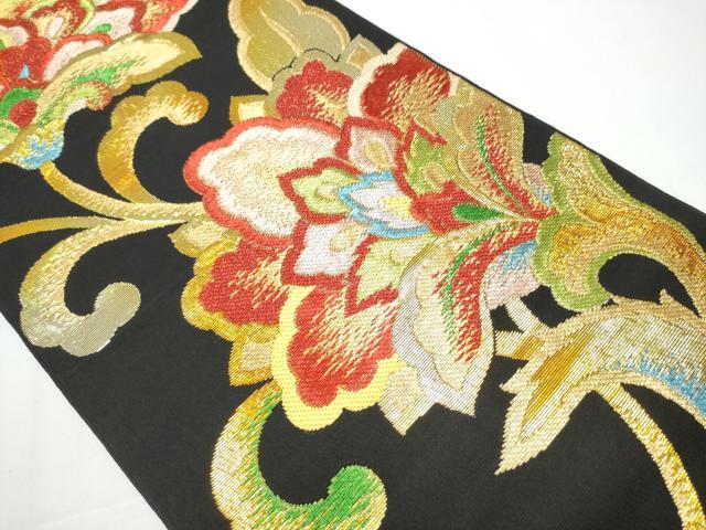 平和屋着物●六通柄　本袋帯　天平唐花錦　黒地　金糸　正絹　逸品　CAAX7329hy