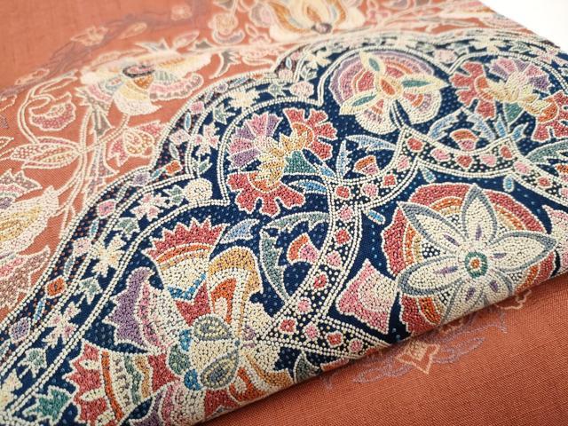 平和屋着物●中国三大刺繍 相楽刺繍 蘇州刺繍 太鼓柄袋帯 紬地 更紗花文 正絹 逸品 CAAX7405hy